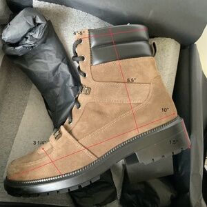 Aquatalia Weatherproof Lene Suede Taupe Black Leather Ankle Lace Up Combat Boots